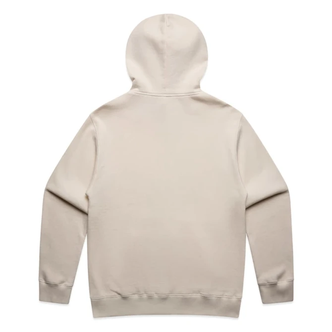 A beige hoodie featuring a hood and long sleeves. It has a plain back design and includes a logo.