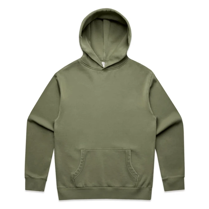 An olive green hoodie featuring a front pocket and a hood, with a branding logo on the label.