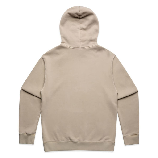 A beige hoodie with a hood and long sleeves, featuring a plain back design and ribbed cuffs.