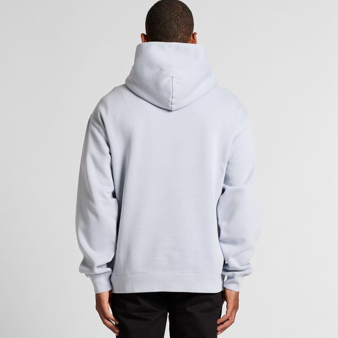 A light blue hoodie with a large hood, featuring a logo, viewed from the back.