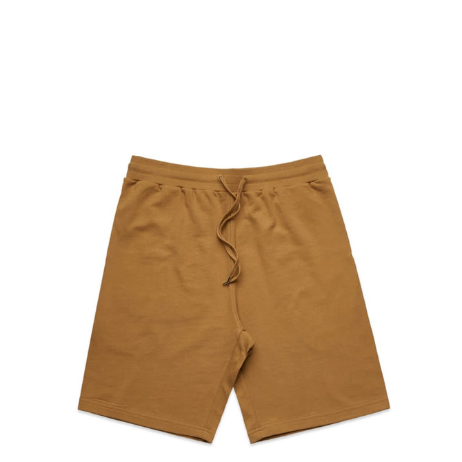 A pair of brown sports shorts featuring an elastic waistband and drawstring. The shorts have a minimalist design.