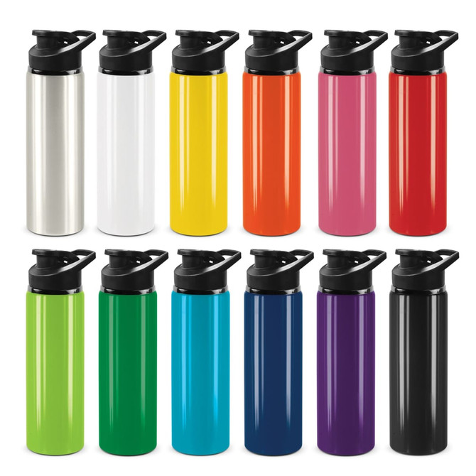 A drink bottle collection featuring various colours: silver, white, yellow, orange, pink, green, blue, purple, and black, with snap caps and logos.