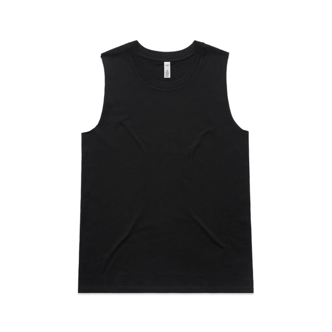 A black sleeveless tank top displayed flat, featuring a simple design and a logo.