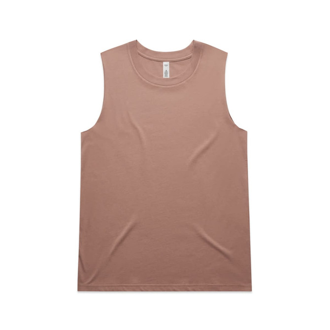 A sleeveless tank top in a muted brown colour featuring a simple design and a logo.