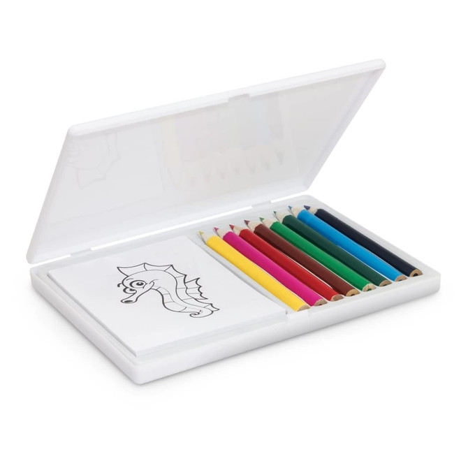 A colouring set with a translucent white case, containing various coloured pencils and an illustrated colouring pad.