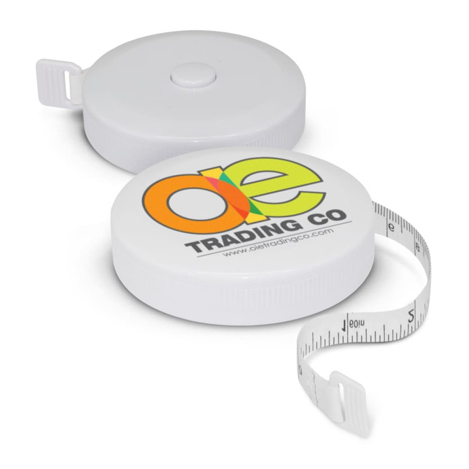 A round white tape measure with a retractable tape and a logo. The tape measures in centimetres.