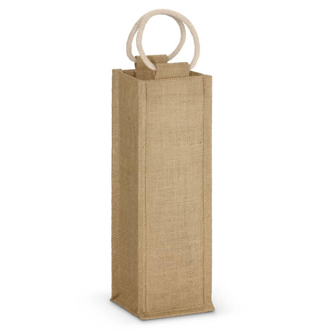 A jute wine carrier in natural brown featuring a rope handle and a tall, rectangular design.
