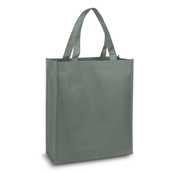 A green tote bag with two handles and a simple design, featuring a logo.