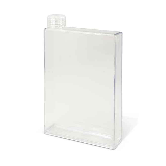 A drink bottle in a rectangular, transparent design with a removable cap. It features a logo on the side.