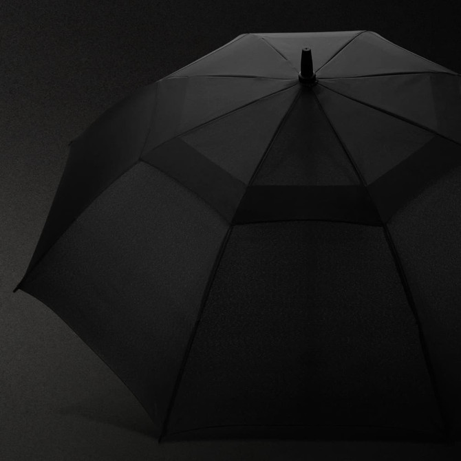 A black 58cm umbrella, featuring a sleek design and a sturdy handle, with a logo on the canopy.