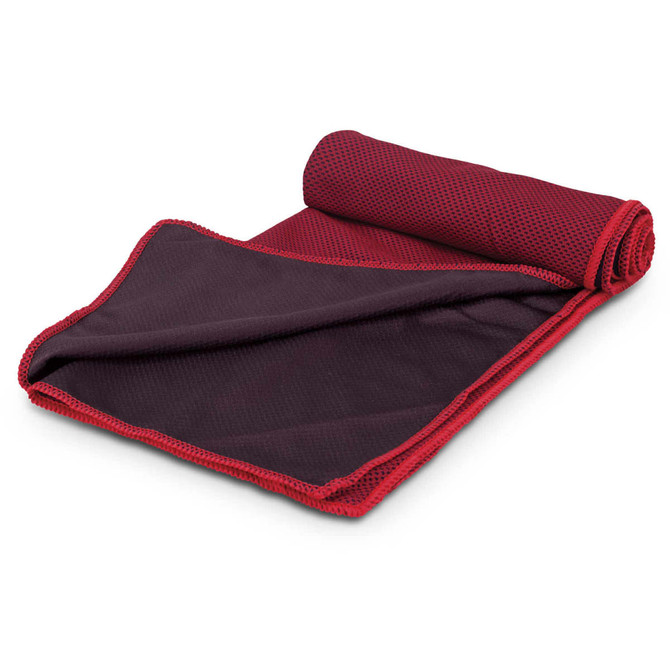 A red and dark grey cooling towel neatly rolled and laid out, featuring a textured surface and a logo.