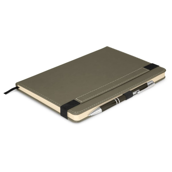 A Premier Notebook with Pen, featuring a sleek design, elastic band closure, and a pen secured alongside the notebook.
