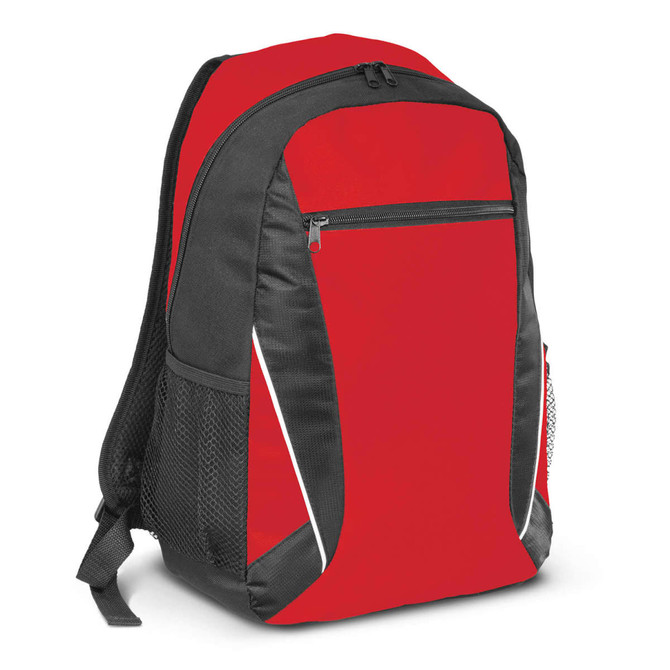 A red and black Navara Backpack featuring zippered compartments and side mesh pockets.