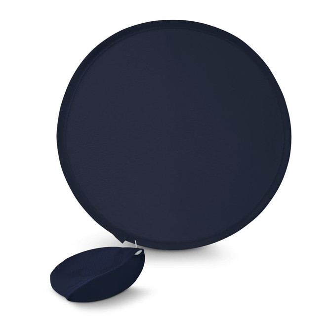A round navy fan with a pouch attached for easy storage.
