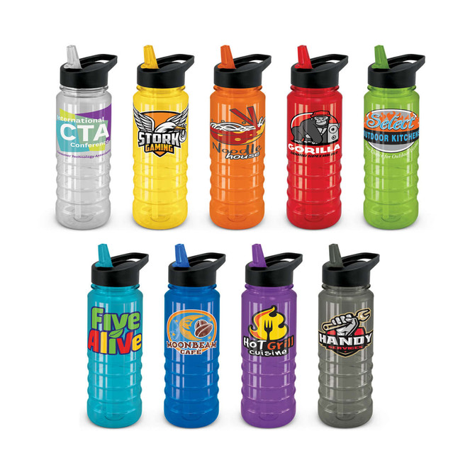 A drink bottle with a black lid, featuring various bright colours and designs, including logos and text, arranged in a grid.