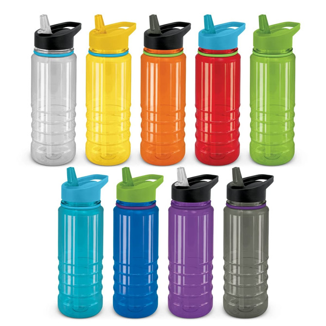 A drink bottle collection featuring various colours: clear, yellow, red, green, blue, purple, and grey, with caps and straws.