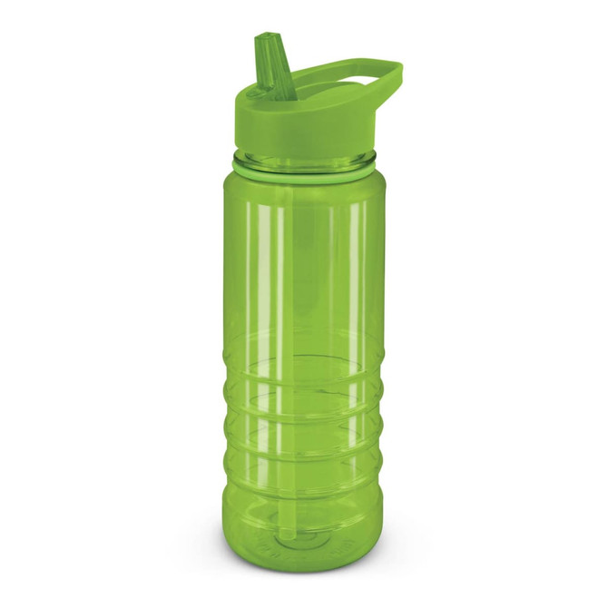 A drink bottle in vibrant green with a straw and cap, featuring a textured grip and a logo.