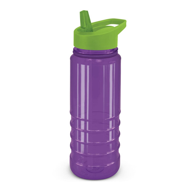 A drink bottle in purple with a green spout and a sturdy design. It features a logo on the side.