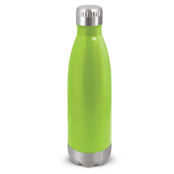 A drink bottle in vibrant green with a stainless steel base and cap, featuring a logo.