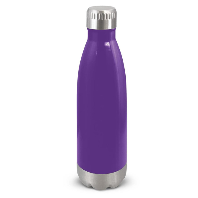 A drink bottle in a vibrant purple colour with a stainless steel base and a silver screw-top lid.