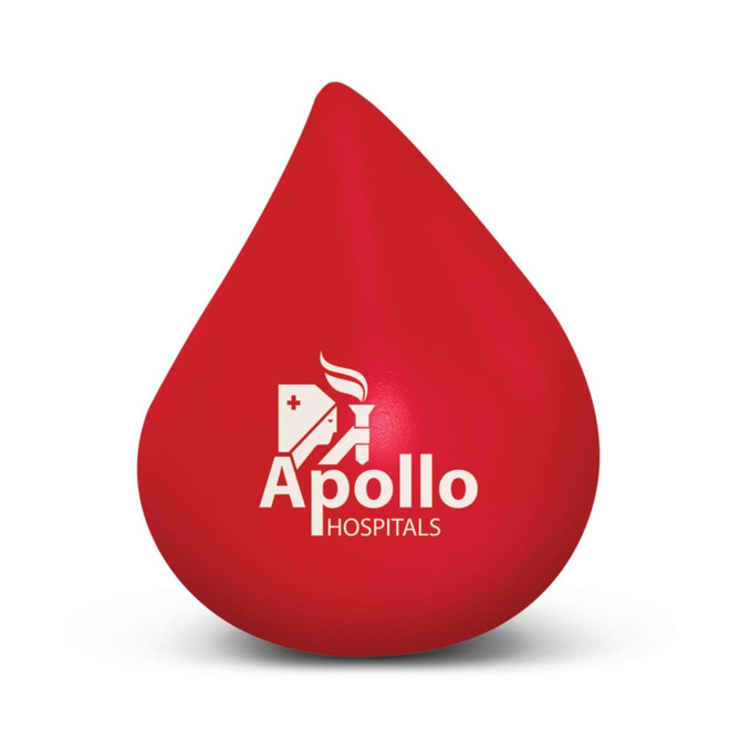 A red stress ball in the shape of a blood drop featuring the logo of Apollo Hospitals.