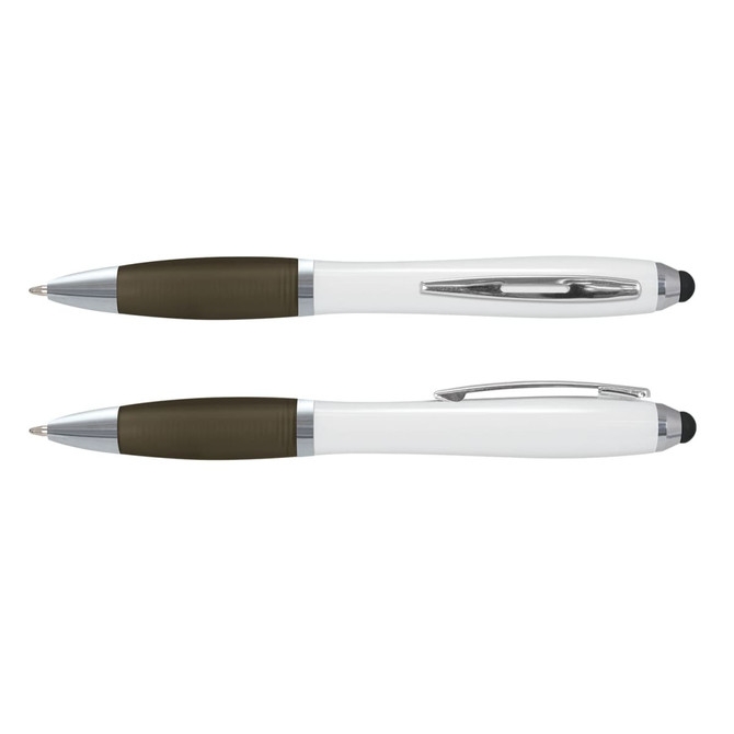 A stylus pen with a white barrel and a dark green grip, featuring a shiny chrome clip and a stylus tip at one end.