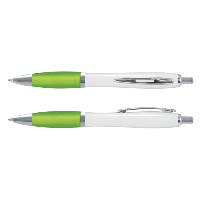A plastic pen with a white barrel and a green rubber grip, featuring silver accents.