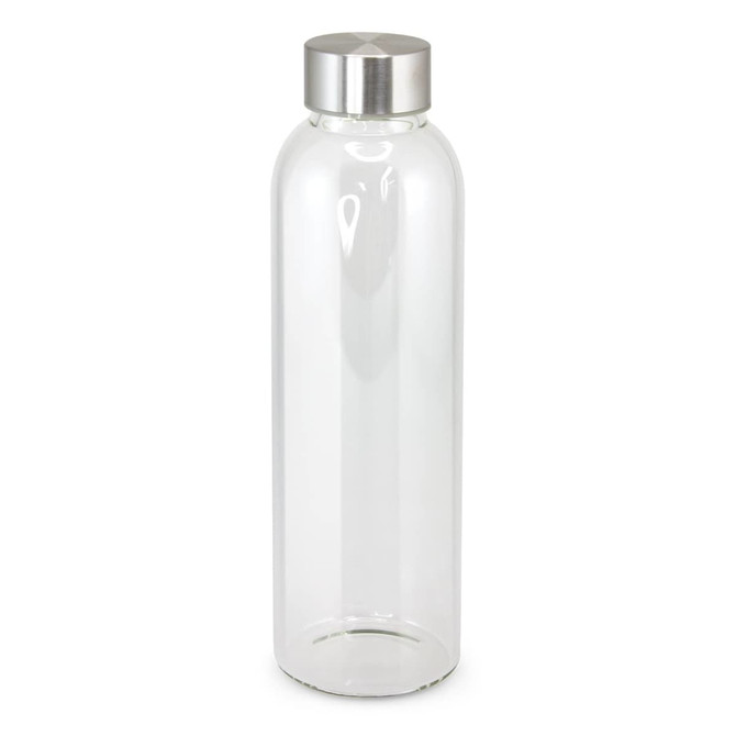 A drink bottle made of clear glass with a stainless steel lid, featuring a sleek, modern design.