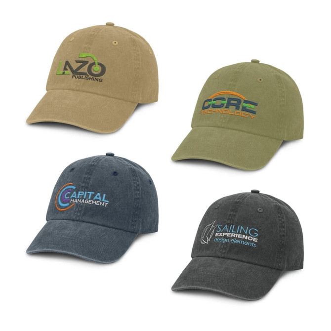 Four caps featuring different colours: tan, olive, navy, and dark green, each with a logo on the front.