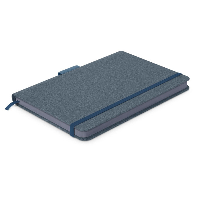 A teal notebook with a textured cover, an elastic band, and a matching ribbon marker. It features a logo on the cover.