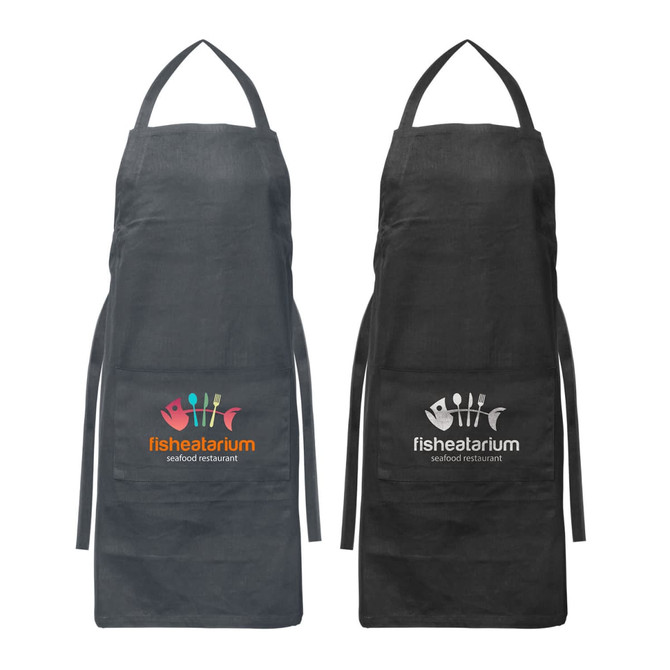 A pair of bib aprons in dark grey and black, featuring logos on the front.