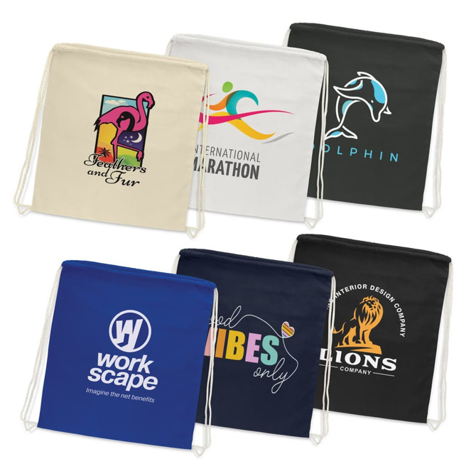A collection of cotton drawstring backpacks in cream, navy, and black, featuring various logos and designs.