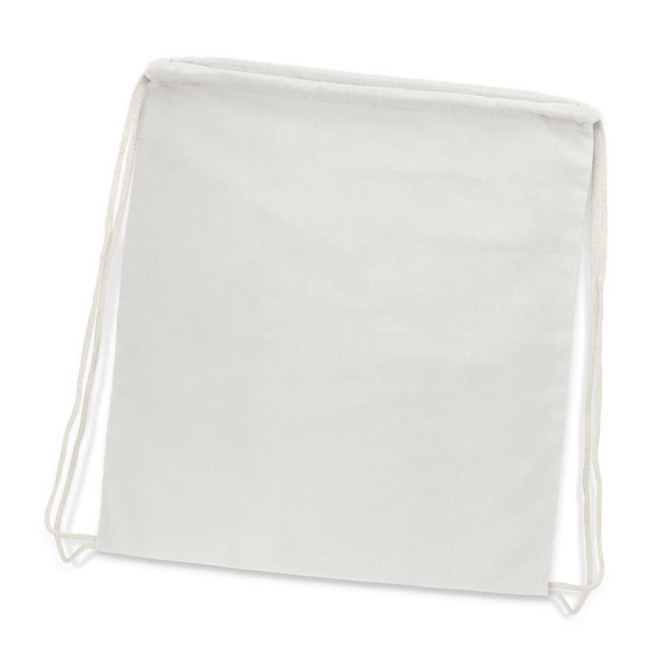 A cotton drawstring backpack in a light colour, featuring a simple design and a logo.