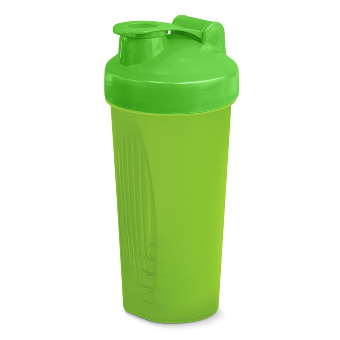 A drink bottle in bright green, featuring a secure lid and a built-in mixer, with a logo on the side.