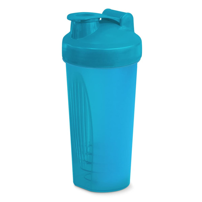 A drink bottle in a vibrant blue colour, featuring a secure lid and a mixing mechanism inside.