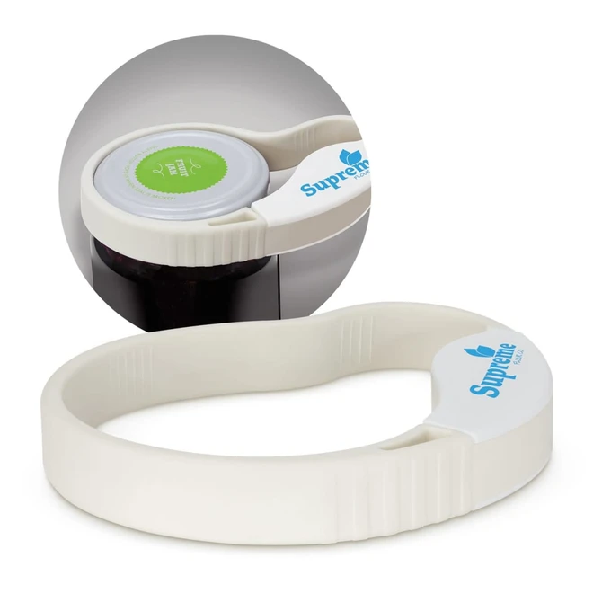 A white jar and bottle opener with a circular grip and a branding logo on the handle.