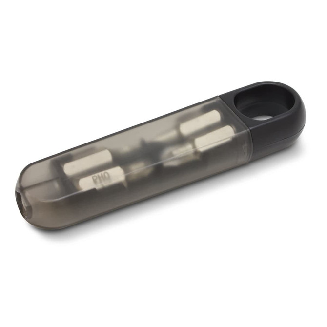 A transparent container in black with multiple mini screwdrivers inside. The set is compact and portable.