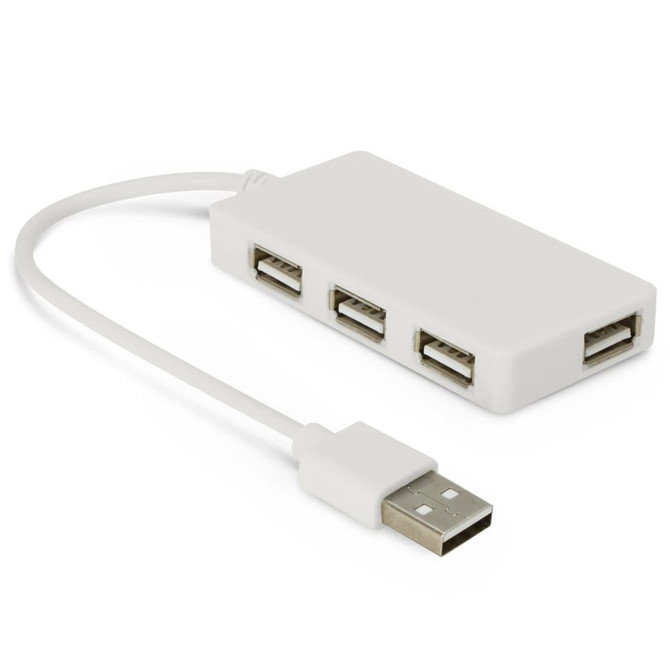 A white USB hub featuring four USB ports and a connecting cable.