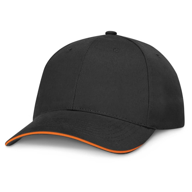 A black cap with an orange accent on the brim. It features a classic design suitable for casual wear.