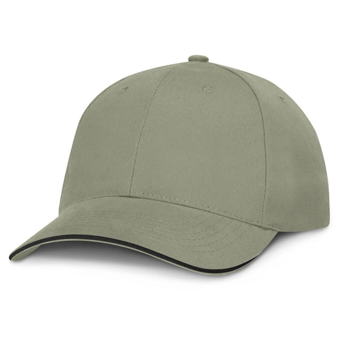 A cap with a soft khaki fabric and black trim, designed in a classic style.