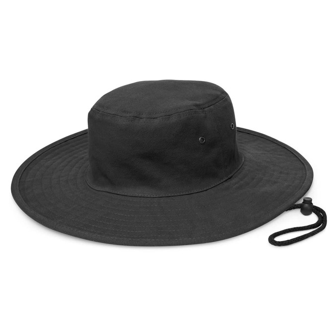 A wide-brim hat in black with a adjustable strap, featuring ventilation eyelets and a round design.