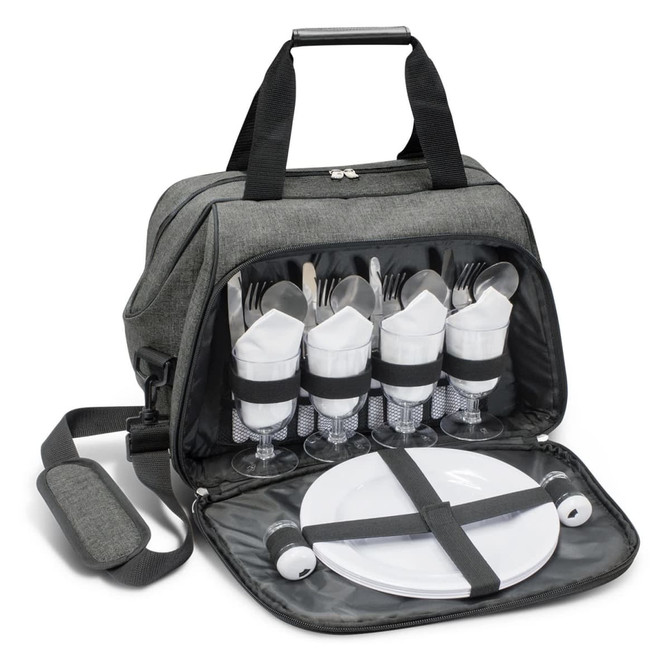 A grey picnic bag opened to reveal dinnerware, including forks, knives, plates, and glasses, neatly organised inside.
