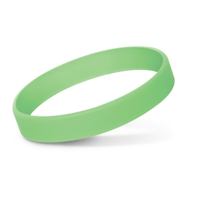 A silicone wristband in a vibrant glow-in-the-dark green color.