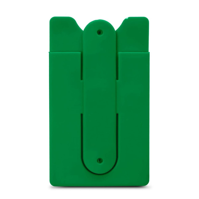 A green phone wallet featuring a clip on the back and a simple design, with no visible branding.