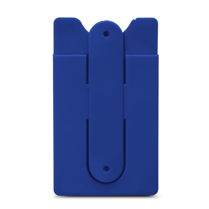 A blue phone wallet with a sleek design and a logo on the surface, featuring a secure slot for cards.