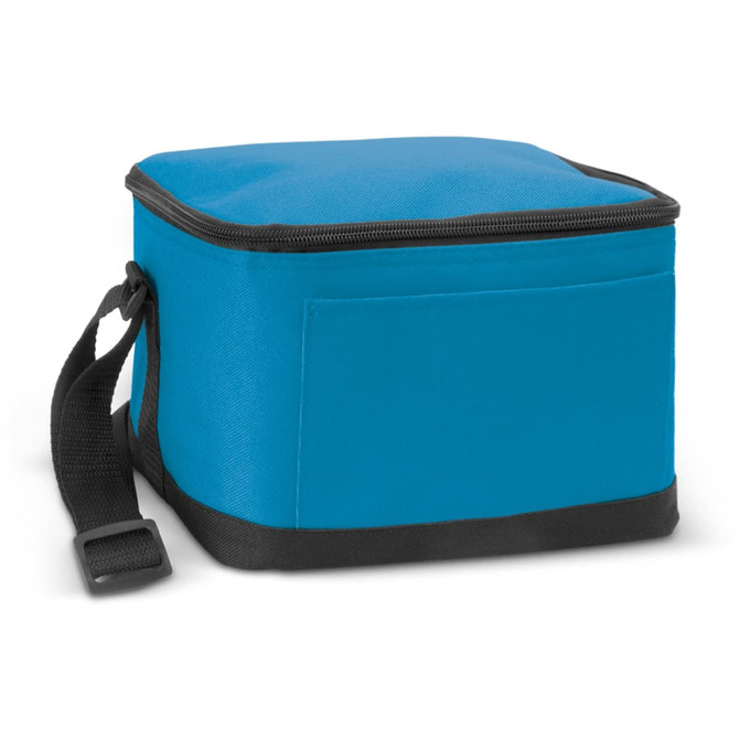A blue cooler bag with a black base and a shoulder strap, featuring a side pocket.
