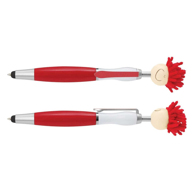 Two red and silver pens featuring a playful design with a pom-pom topper and a smiling face.