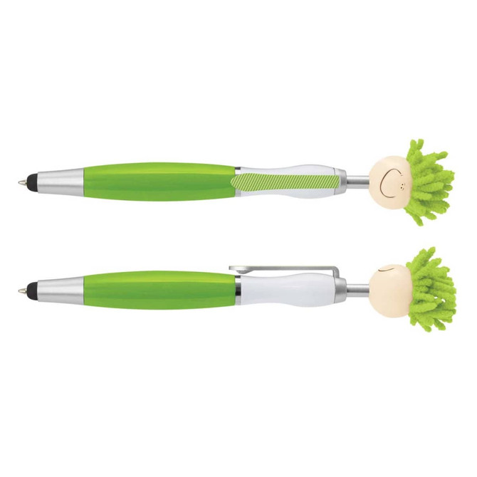 A green stylus pen featuring a smiling head with mop-like hair. The pen includes a silver clip and accents.