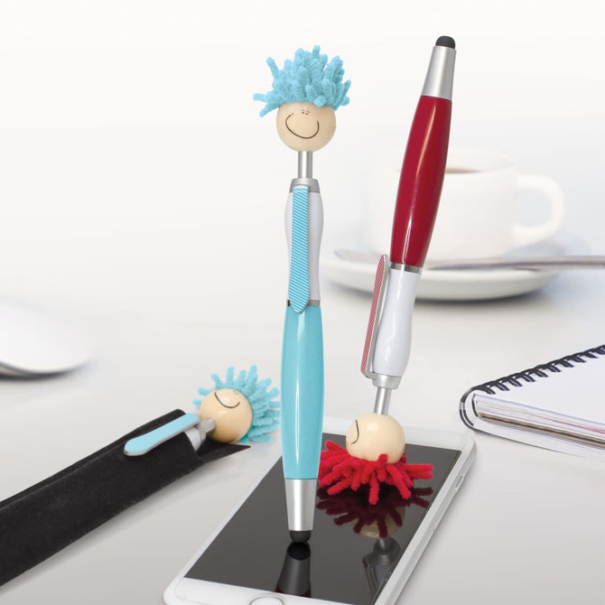 Three stylus pens with colourful pom-pom toppers in blue and red, featuring smiley face designs and a branding logo.