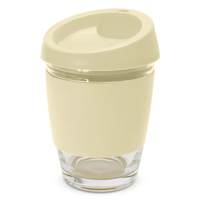 A drink bottle featuring a cream-coloured lid and a transparent glass base, with a logo on the side.